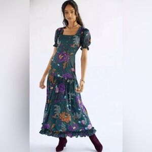 NWT Hutch Anthropologie Edie Puff Sleeve Green Floral Maxi Dress Size 14